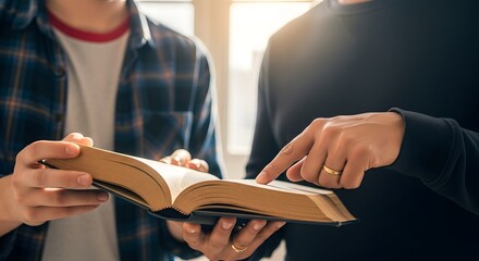 Two people reading bible together studying scripture christianity faith and religious education concept