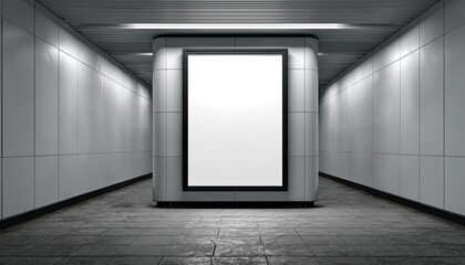 Empty billboard in a subway tunnel.  Modern, neutral colors, clean lines, and a blank space for advertising