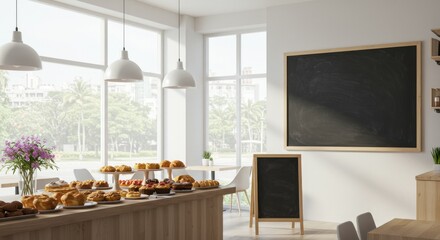 Bright, airy bakery interior with pastries displayed on a counter, showcasing a menu board and ample natural light.
