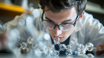 Engineer chemical simulation Concept. Young scientist studying molecular structures with focused expression and glasses in a lab setting.