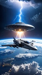 Obraz premium UFO and spaceship encounter during storm