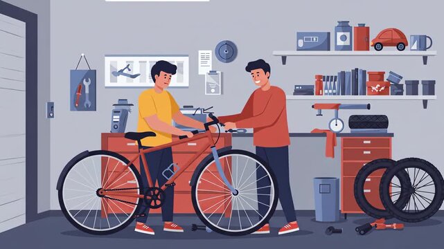 Flat vector two men are repairing a bicycle in a garage, with tools and equipment on shelves, showcasing a workshop environment for bike maintenance and repair, depicted in a cartoon style