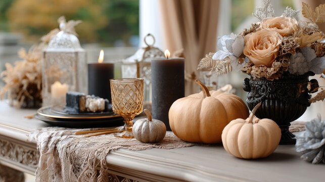Dark red candles glow on a gothic table adorned with pumpkins, spider webs, and vampire-themed decorations for Halloween festivities