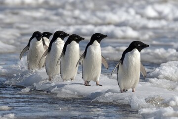 Obraz premium Adelie penguins walk across icy terrain in Antarctica during the summer season while searching for food