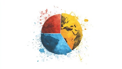 A pie chart of the world, divided into four colored sections, with watercolor-style splashes around it