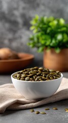 Pumpkin seeds are beautifully displayed in a wooden bowl on a rustic table, enhanced by natural lighting and intricate details