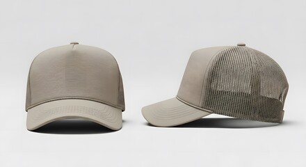 beige color trucker cap mockup, front and side view