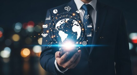 Man in suit holding smartphone displaying global network and business icons technology communication