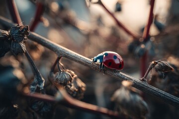 Ladybug crawls along a dry branch amidst muted autumn leaves near sunset