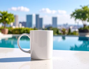 Fototapeta premium Clean White Mug on Terrazzo Table near Pool with City View