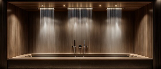 Luxurious Wooden Spa Shower with Cascading Water and Ambient Lighting