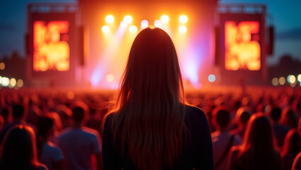 Woman enjoying vibrant music festival with crowd at dusk, summer