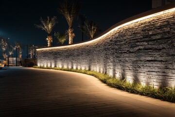 Fototapeta premium Stone wall illuminated by lights at night with palm trees in background.