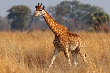 Obraz premium Giraffe walking gracefully through tall golden grass in a serene natural habitat during daylight
