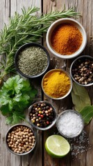 Fototapeta premium This arrangement showcases aromatic spices and herbs featuring cayenne pepper powder, black chilies, and fresh lime leaves among others
