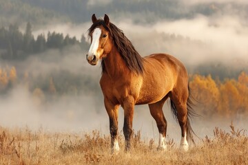 Obraz premium Majestic brown horse standing in a misty meadow surrounded by colorful autumn trees at sunrise