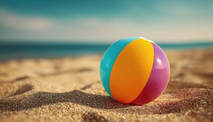 Obraz premium Colorful beach ball resting on sandy shore. Sunny day at the beach