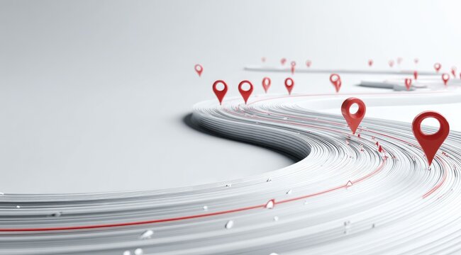 Abstract wavy path with numerous red location markers
