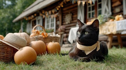 A cozy porch is adorned with Halloween decorations, while a black cat lounges in a garden filled with pumpkins and cozy lights
