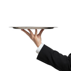 Waiter holding a silver serving tray isolated on transparent background