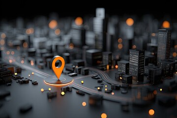 Urban map with orange pin.  Cityscape with highlighted location