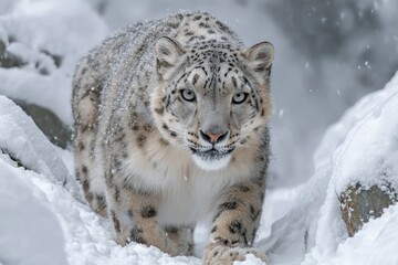 Obraz premium Snow leopard walks through snowy landscape in the mountains during winter season
