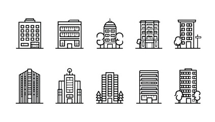 Architectural Building Outline Icon Collection Urban Cityscape Black and White Design Elements Minimalist Design Style for Urban Planning