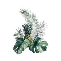 Fototapeta premium Tropical foliage arrangement with pineapples, various leaf shapes in muted greens and whites