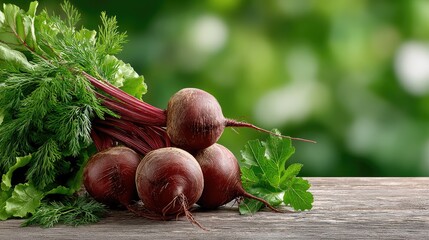 Freshly harvested beets resting on a rustic wooden table, illuminated by sunlight in a lush garden, highlighting organic farming