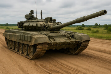 Armored military tank on dirt road