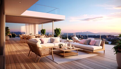 Fototapeta premium Outdoor Living on Modern Rooftop Terrace at Sunset