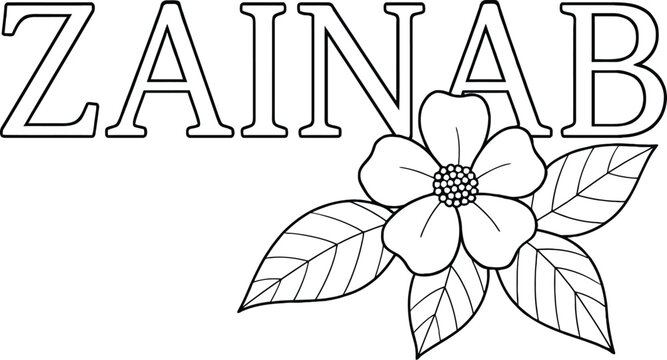ZAINAB in Bold Monogram Above Five-Petal Bloom &mdash; Custom Floral Name Design with Detailed Center and Veined Leaf Accents in Black and White for Coloring, Decor, and Personal Expression