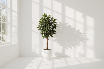 Potted Tree with Dense Green Leaves in White Pot Against White Wall with Window Light Shadows