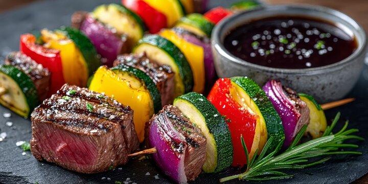 Disfrutar de brochetas peque&ntilde;as de carne con vegetales frescos en una mesa elegante