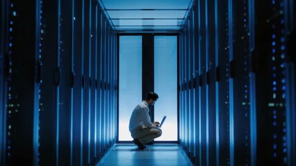 A man crouches in a server room working on a laptop amidst rows of glowing blue data racks symbolizing network management - Powered by Adobe