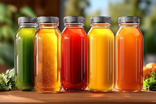 Variedad de jugos naturales en botellas sobre una mesa de madera en un entorno luminoso