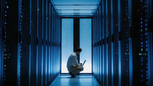 A man crouches in a server room working on a laptop amidst rows of glowing blue data racks symbolizing network management - Powered by Adobe