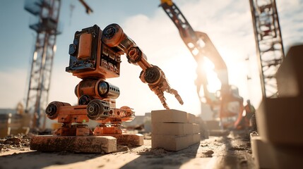 An orange robot carefully places bricks at a construction site