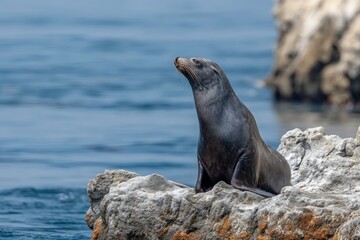 Fototapeta premium Sea lion resting on a rocky shore by the ocean on a sunny day near a coastal landscape