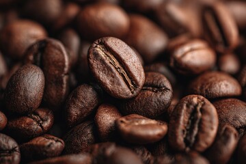 Naklejka premium Close-up view of roasted coffee beans. A single bean is slightly elevated, emphasizing its texture and rich brown color. Many other beans are densely packed in the background