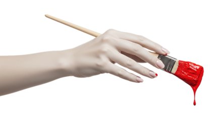 Hand holding paintbrush with dripping red paint for artistic painting and home improvement projects use brush