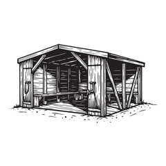 Obraz premium Vintage wooden shelter illustration in engraving style showcasing rustic architecture and design