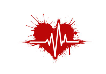 Heart with heartbeat line illustration and ink splashes, medical, artistic, red design.