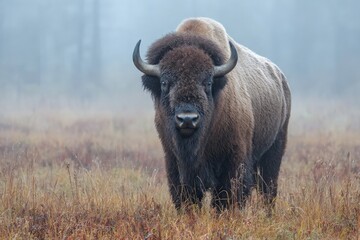 Bison stands majestically in a misty field at dawn, surrounded by tall grasses and soft sunlight illuminating the scene