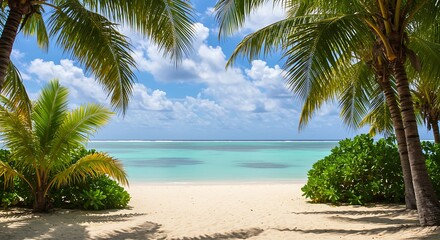 Idyllic tropical beach with palm trees, white sand, and turquoise ocean view