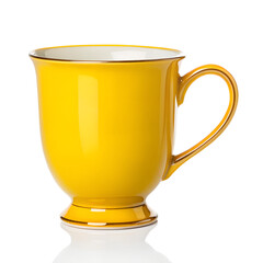 Bright yellow ceramic mug with gold trim isolated on transparent background