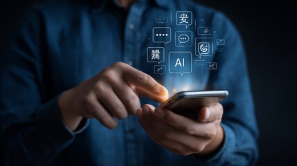 Person interacts with smartphone, AI concept.  Floating social media icons and AI text