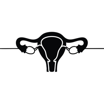 recommend clip art: A minimalist black silhouette illustration of the female human uterus, fallopian tubes, and ovaries, symbolizing reproductive health and women's well-being.