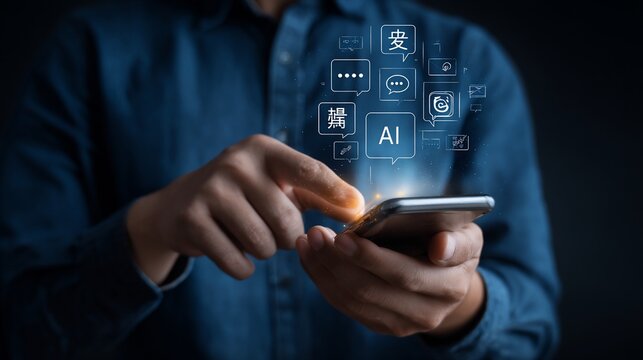 Person interacts with smartphone, AI concept.  Floating social media icons and AI text - Powered by Adobe