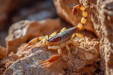 Scorpion resting on rocky terrain during golden hour in a desert landscape